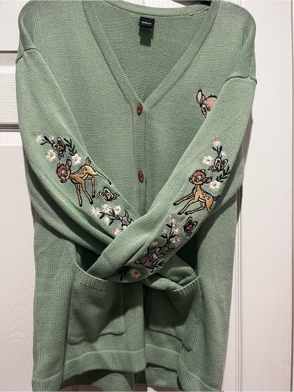 Disney Sage Green Embroidered Bambi V-Neck Cardigan